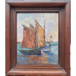 Alexandre Gaillard-deschamps (1903-1984), View Of A Port And The Sea On The Reverse, Oil On Panel