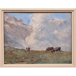 Clément Castelli, Oil On Canvas, Titled "pâturage Au Col De Balme, Mont-blanc"