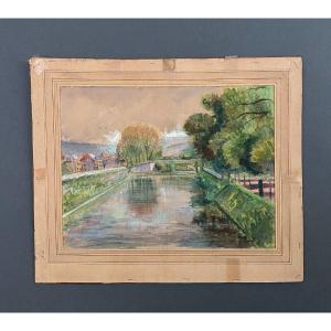 Watercolor On Paper By Félix Labbé Brive-la-gaillarde Edge Of The Twentieth Canal