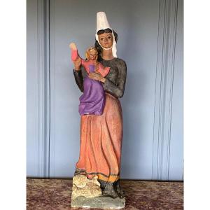 Virgin And Child In Breton Plaster 1900 Polychrome Modeling