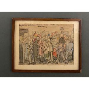 Watercolor On Paper Caricature Abel Moranas Vernissage Félix Labbé 1942