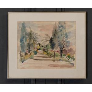 Watercolor On Paper By Bernadette Sers Allée De Cyprès 20th Century