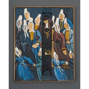 Oil On Canvas Triptych By René France 1996 Bretons In Costumes