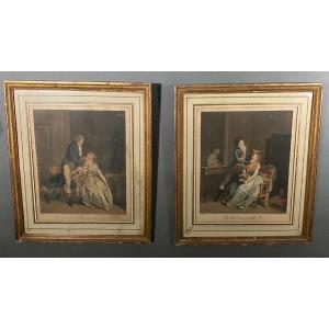 Pair Of Romantic Engravings 19th Century Gilded Frame By Boilly Vidal Bonnefoy