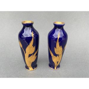 Pair Of 1900 Limoges Vases With Blue Background And Gold Highlights, R. Rosier Decorations