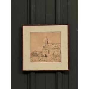 Drawing On Paper By Claude Jousset Representing A 20th Century Breton Church
