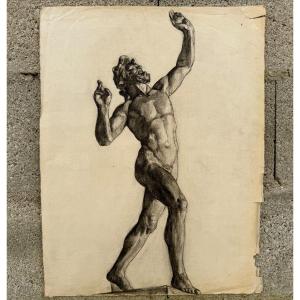 Academic Nude In Antique By Berger Dit Lheureux Biloul Charcoal 20th Century