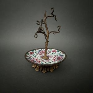 19th Century Watch Holder In Bronze With Naturalist Decor Porcelain Cup China