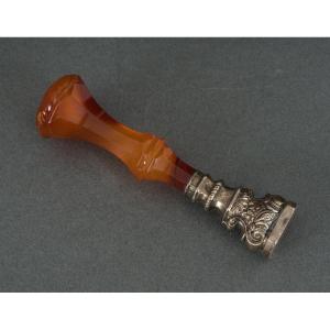 Stamp In Hard Stone Agate And Silver Monogram Late 19th Century