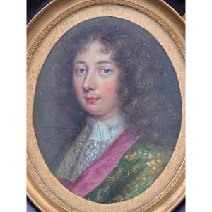Noble Hand Painted Miniature From The 17th Or 18th Century, Blackened Pear Wood Frame