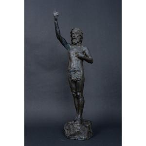 Workshop Plaster Statue By Charles Filleul, Christ With Raised Arm