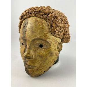 Carved Wooden Mask And Woven Wicker 1930 Africa Beautiful Patina