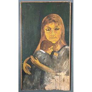Oil On Panel By Gauthier 1960 Mother And Child