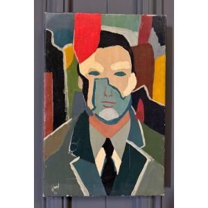 Oil On Canvas By Jower Modern Composition 1966 Man With Tie