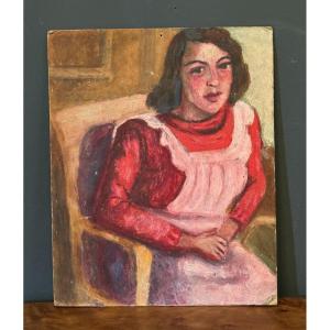 Oil On Panel Young Girl With Pink Apron 1940 Guillot De Raffaillac