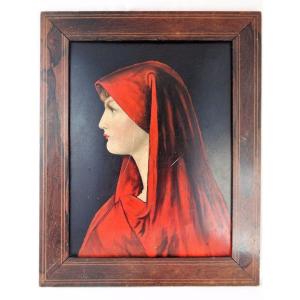 Oil On Cardboard, Woman With Red Scarf, 19th Century