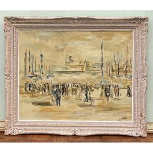 Oil On Canvas By Meutt Port Scene Characters 1940 Patinated Frame
