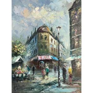 Oil On Wood By Alain Parisian Scene Flower Market 1960