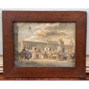 Watercolor On Paper 19th Century Street Scene With Stagecoaches Paris Musketeers