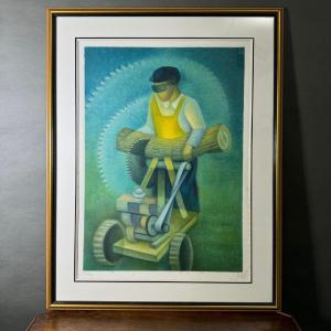 Lithograph Countersigned By Louis Toffoli The Wood Sawyer 20th Century
