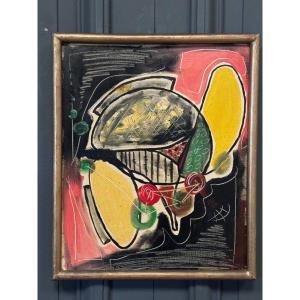 Oil On Cardboard By J. Gauthier 1962 Modern Geometric Composition
