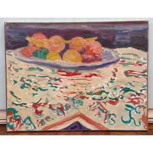 Oil On Canvas Still Life With Fruits Impressionist Composition