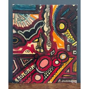 Oil On Cardboard By J. Gauthier 1963 Modern Geometric Composition