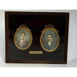Pair Of Late 19th Century Couple Miniatures By Georgine Nounckele In Bronze Frame 