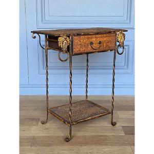 Small Rattan And Gilded Metal Piece Of Furniture With Elephant Decor, 1970, One Drawer
