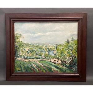 Oil On Canvas Farmer Landscape With Fields Village 