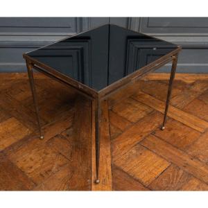 1960s Side Table, Gold Metal, Smoked Glass, Ball Feet