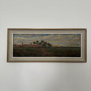 Oil On Cardboard 20th Century By R. Holvoet Landscape With A Village In The Distance