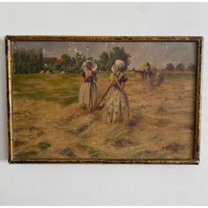 Oil On Canvas By Geffroy Women At The Harvest Early 20th Century