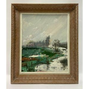 Oil On Panel River Landscape Signed Grandjon 20th Century