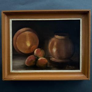 Oil On Panel By Possis Still Life With Fruits 20th Century