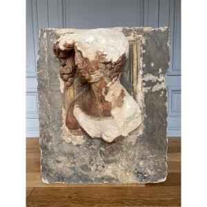 Sculpture Profile Of A Man With Hair, Face, Direct Cut Stone, 20th Century