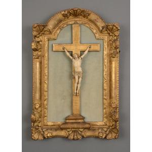 Hand Carved Christ 18th Century Gilded Wooden Frame Decorated With Flowers