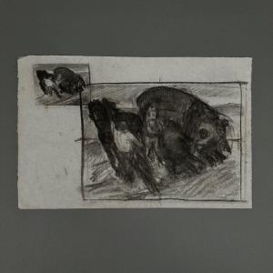 Fine Arts Charcoal Drawing Horses And Cart By Berger-lheureux