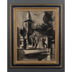 Ink Charcoal On Paper 20th Century Landscape With Church 1950