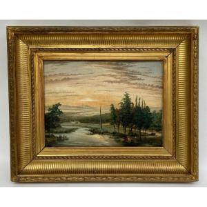 Oil On Canvas 19th Century Riverside Landscape Frame With Palmettes And Grooves