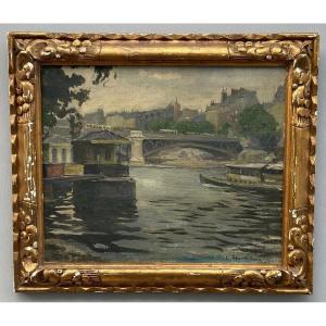 Oil On Canvas Paris Barges By Louis P. Szanto 1900