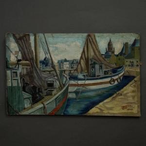 Oil On Canvas Fishing Boats At The Quay 1956