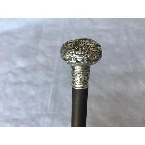 19th Century Bronze Cane From China Or Indochina, Dragon Decoration, Ironwood Shaft