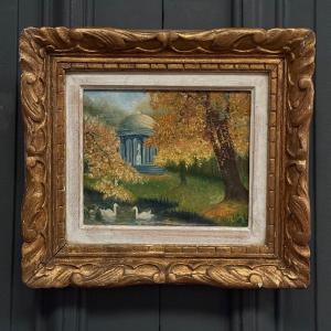 Oil On Canvas By C. Jeunault 1938 Kiosk And Swans In A Park