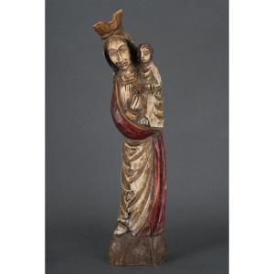 Virgin And Child Polychrome Carved Wood Mid-20th Century Large Size