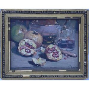 Oil On Panel By J. Denjerma Still Life With Fruit Double View
