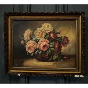Oil On Panel Signed Still Life Bouquet Of Roses 1936