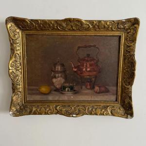 Oil On Canvas Still Life With Samovar 20th Century Gilded Stucco Frame