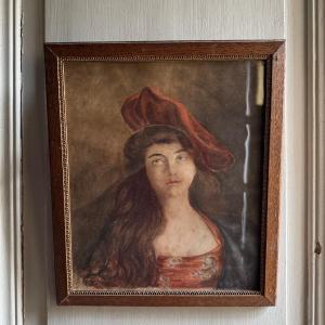 Watercolor On Paper, Late 19th Century, Portrait Of A Woman With A Monogrammed Hat