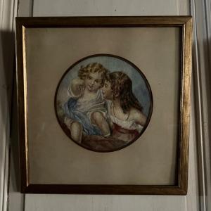 Watercolor On Paper 2 Young Children Late 19th Century Gilded Frame